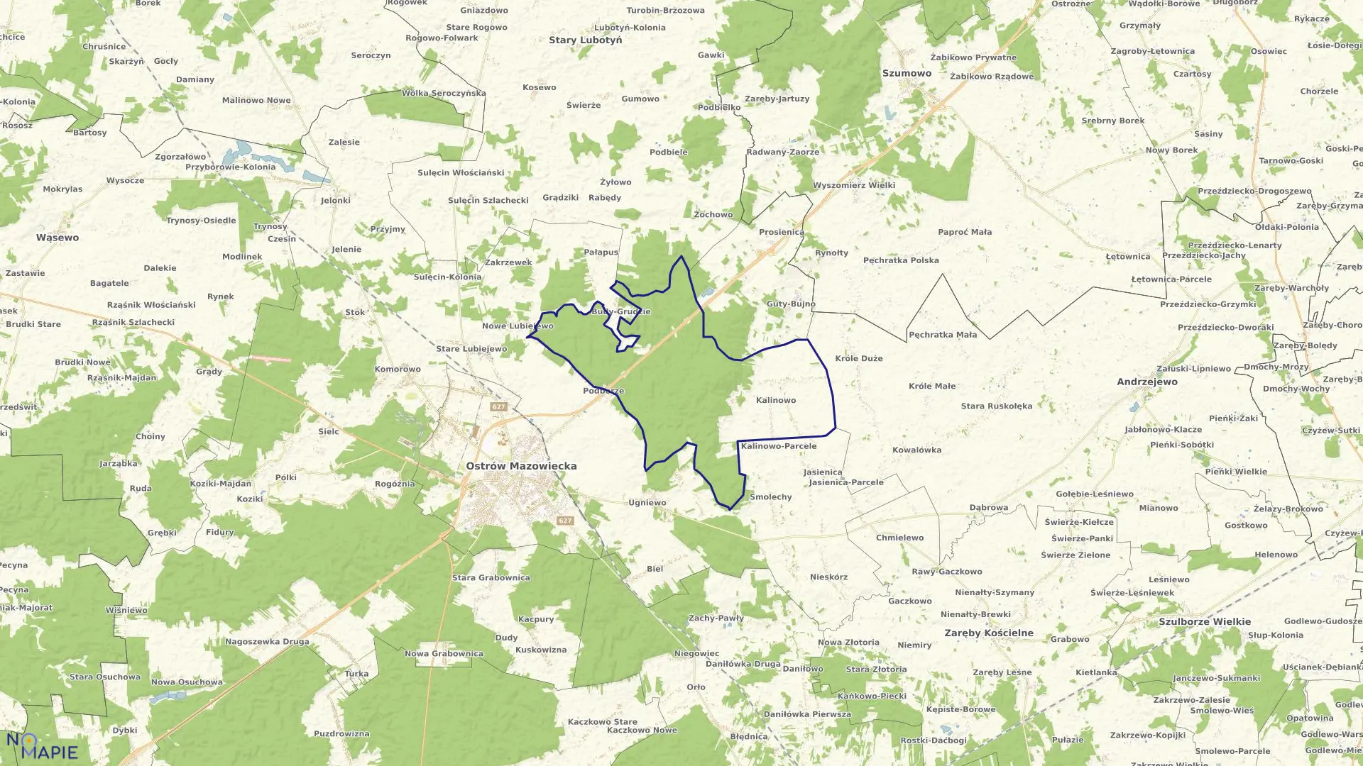 Mapa obrębu Kalinowo w gminie Ostrów Mazowiecka