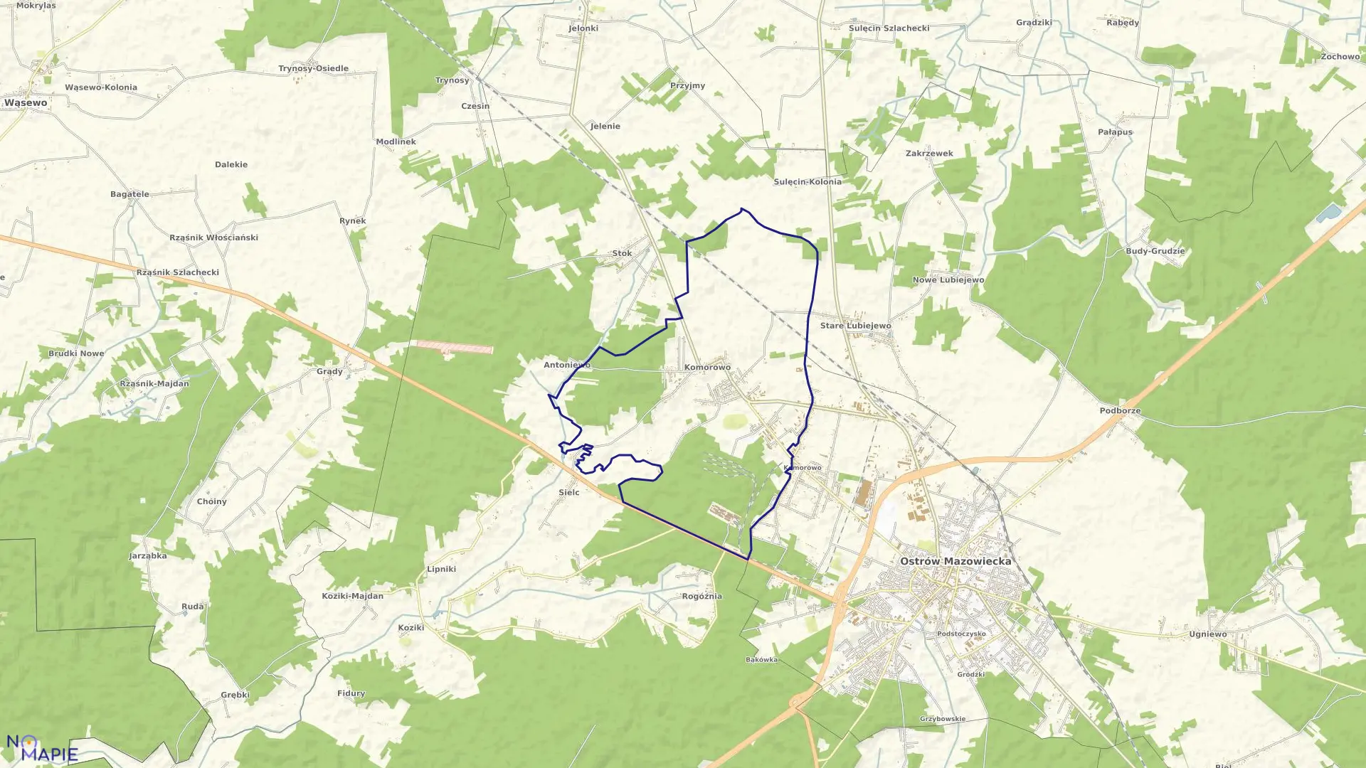 Mapa obrębu Komorowo w gminie Ostrów Mazowiecka