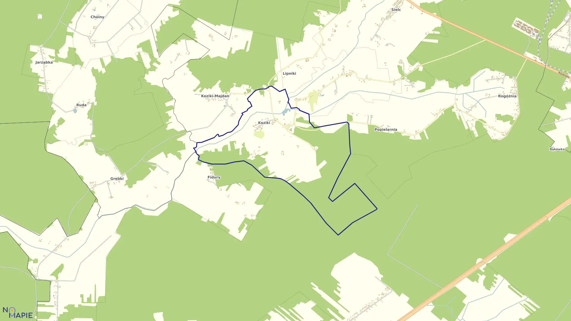 Mapa obrębu Koziki w gminie Ostrów Mazowiecka