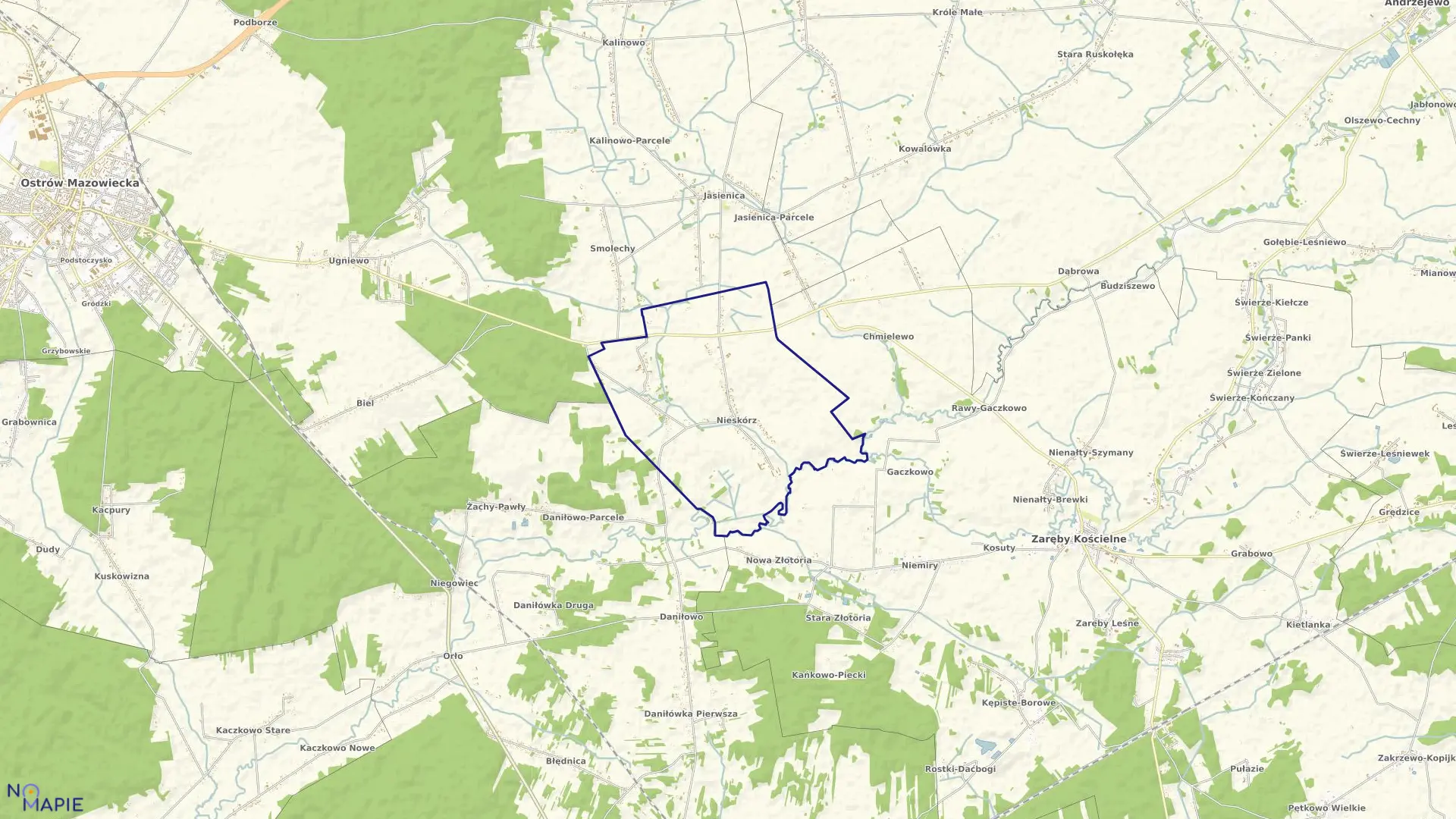 Mapa obrębu Nieskórz w gminie Ostrów Mazowiecka