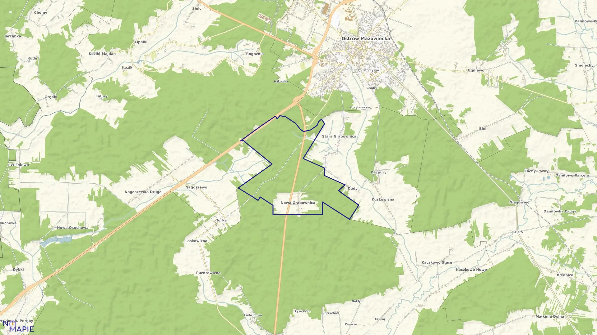 Mapa obrębu Nowa Grabownica w gminie Ostrów Mazowiecka