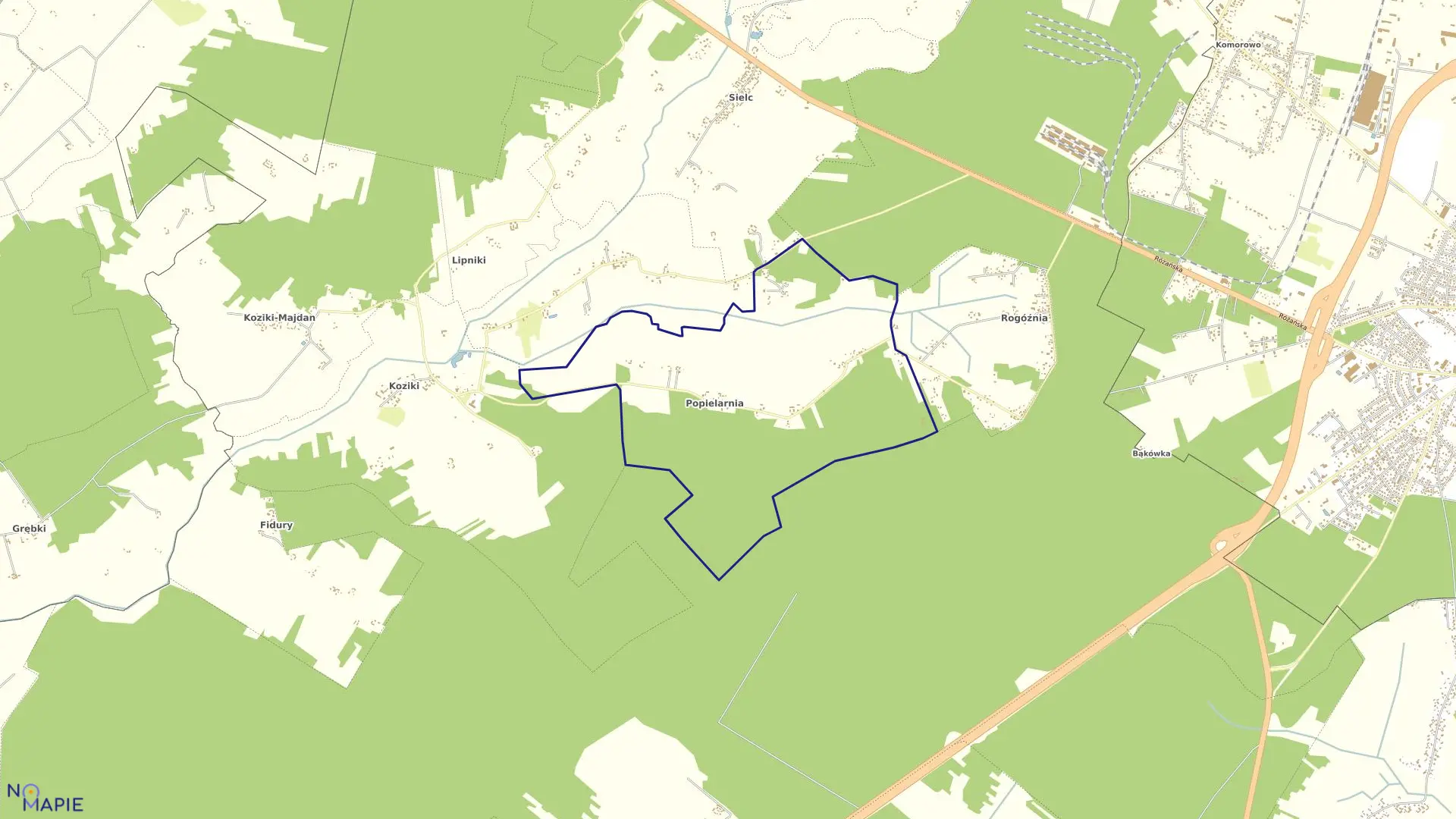 Mapa obrębu Popielarnia w gminie Ostrów Mazowiecka