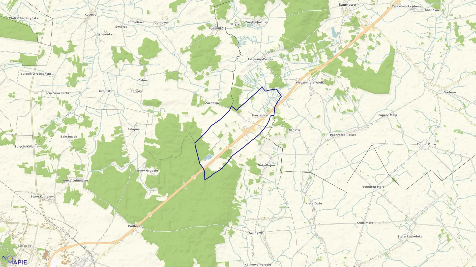 Mapa obrębu Prosienica w gminie Ostrów Mazowiecka