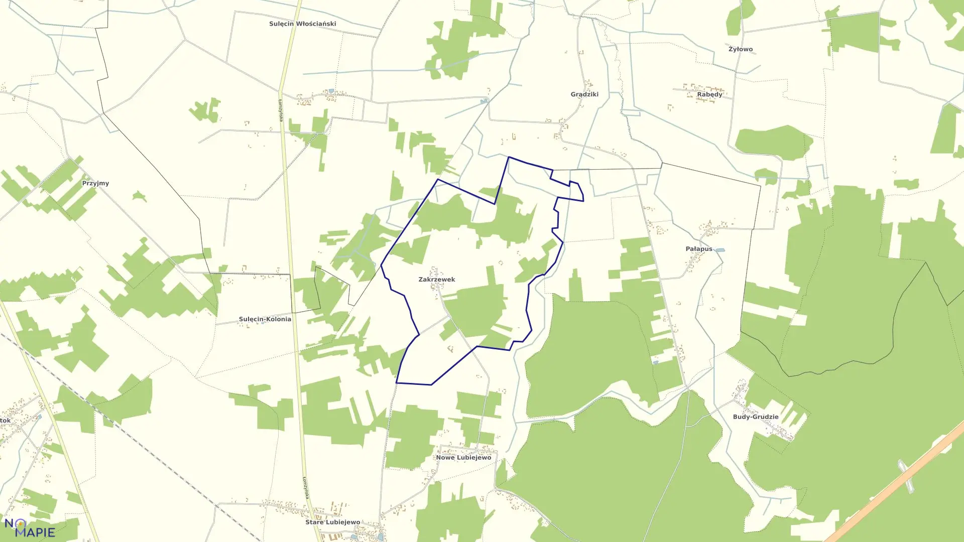 Mapa obrębu Zakrzewek w gminie Ostrów Mazowiecka